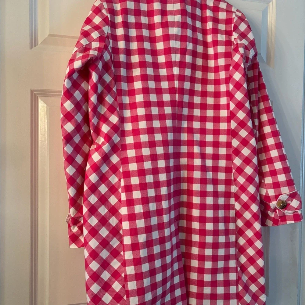 Isaac Mizrahi Live Pink and White Gingham Car Coat Trench - Picture 6 of 13